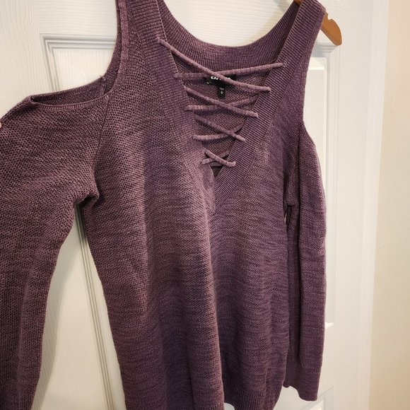 Express Cold Shoulder Lace Up Purple Reversible Sweater Size S - Picture 4 of 11